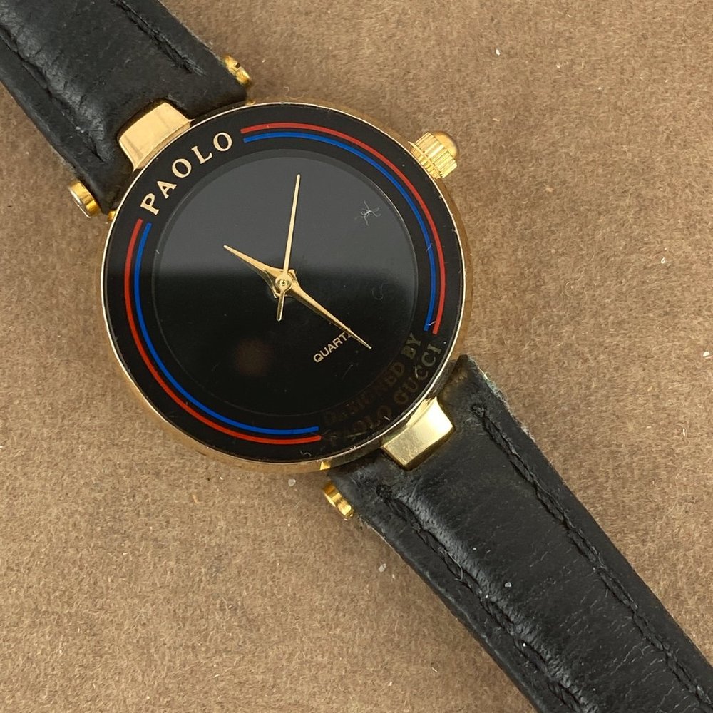 Vintage Paolo Gucci 18K Gold Plated Swiss Watch New Italian Black Strap